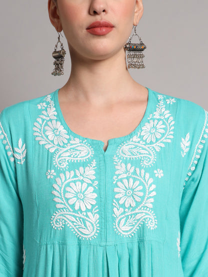 Hand Embroidered Chikankari A-Line Gathering Pattern Rayon Jalabiya-AL4012