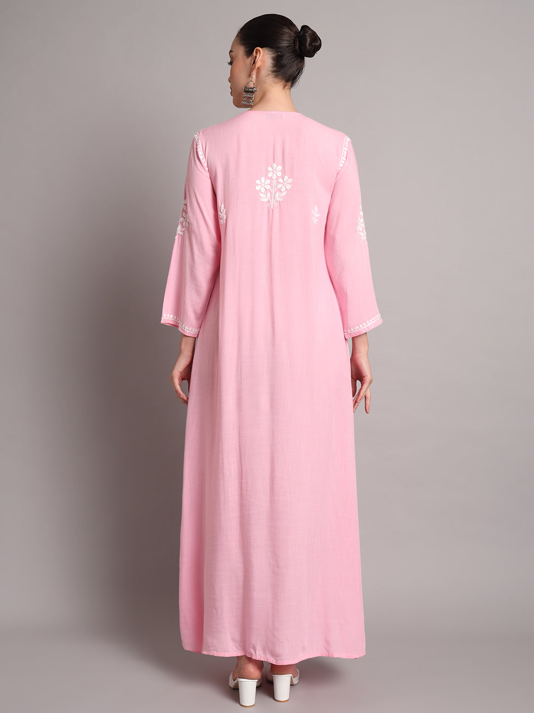 Hand Embroidered Chikankari A-Line Gathering Pattern Rayon Jalabiya-AL4012 Pink