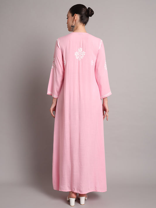 Hand Embroidered Chikankari A-Line Gathering Pattern Rayon Jalabiya-AL4012 Pink