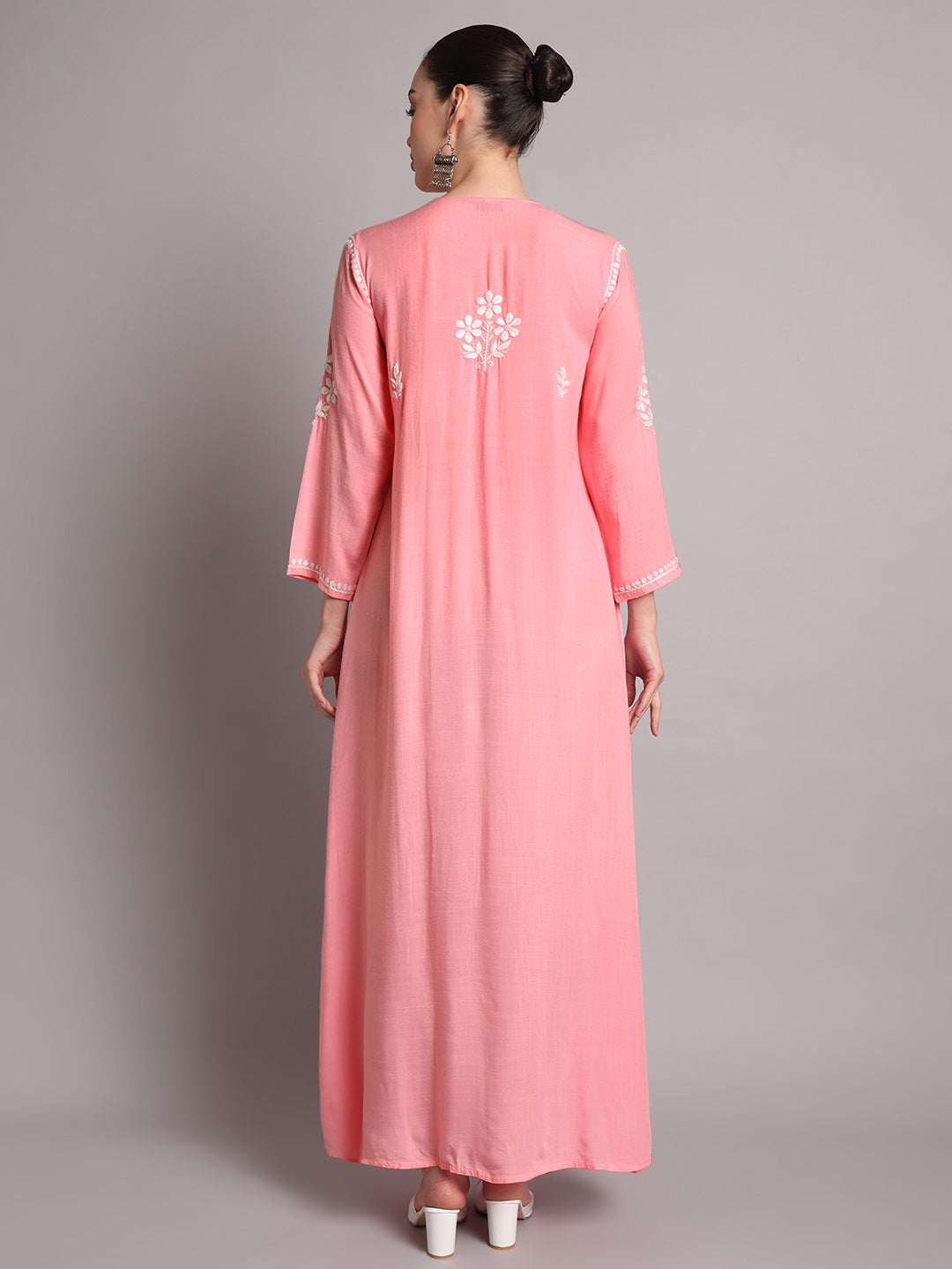 Hand Embroidered Chikankari A-Line Gathering Pattern Rayon Jalabiya-AL4012 Peach