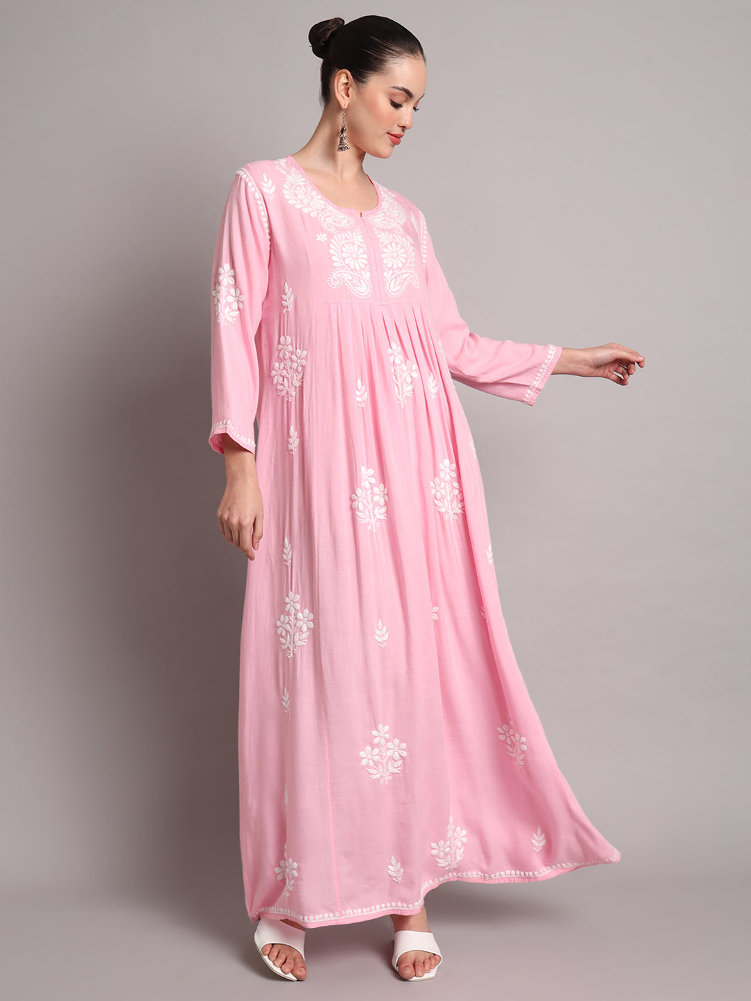 Hand Embroidered Chikankari A-Line Gathering Pattern Rayon Jalabiya-AL4012 Pink