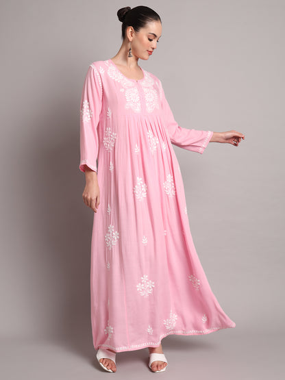 Hand Embroidered Chikankari A-Line Gathering Pattern Rayon Jalabiya-AL4012