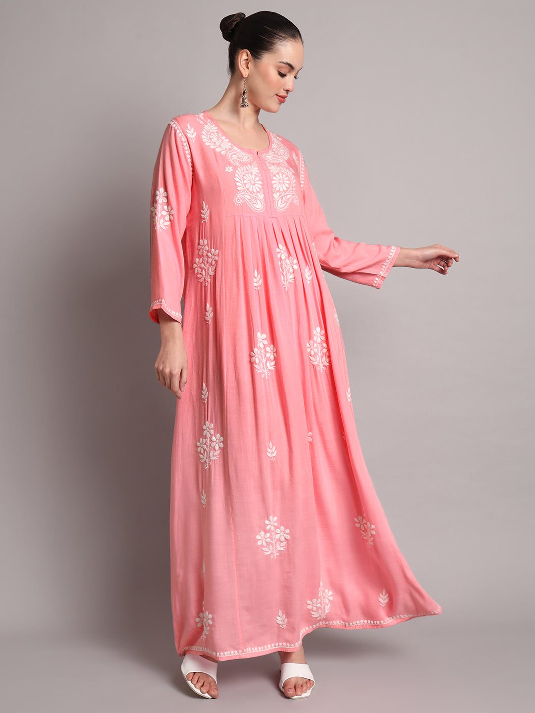 Hand Embroidered Chikankari A-Line Gathering Pattern Rayon Jalabiya-AL4012 Peach