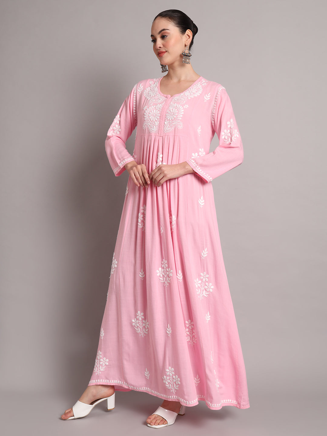 Hand Embroidered Chikankari A-Line Gathering Pattern Rayon Jalabiya-AL4012 Pink