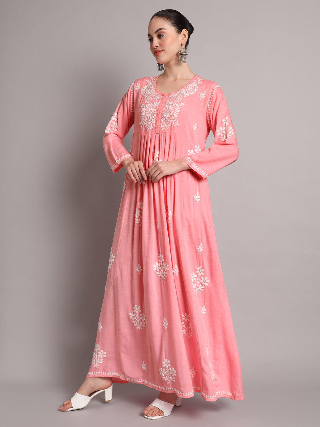 Hand Embroidered Chikankari A-Line Gathering Pattern Rayon Jalabiya-AL4012 Peach