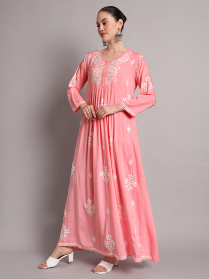 Hand Embroidered Chikankari A-Line Gathering Pattern Rayon Jalabiya-AL4012