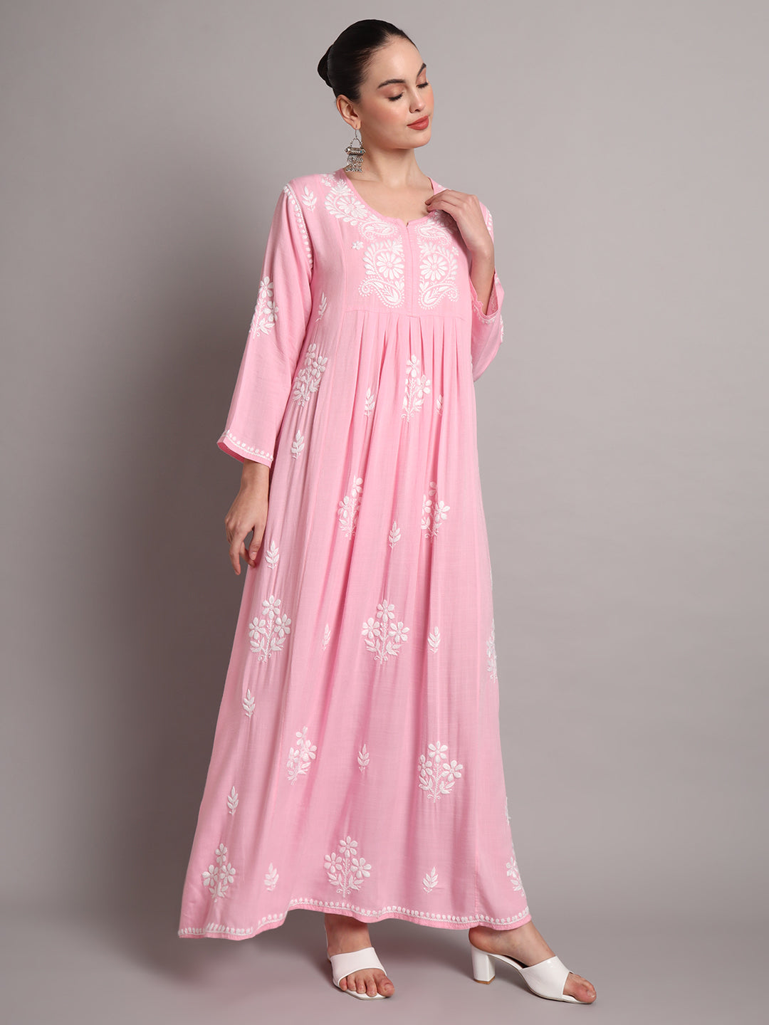 Hand Embroidered Chikankari A-Line Gathering Pattern Rayon Jalabiya-AL4012