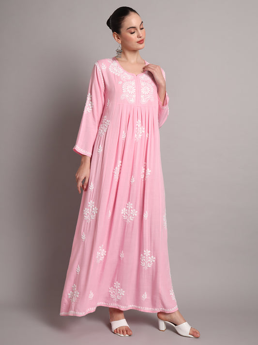Hand Embroidered Chikankari A-Line Gathering Pattern Rayon Jalabiya-AL4012 Pink