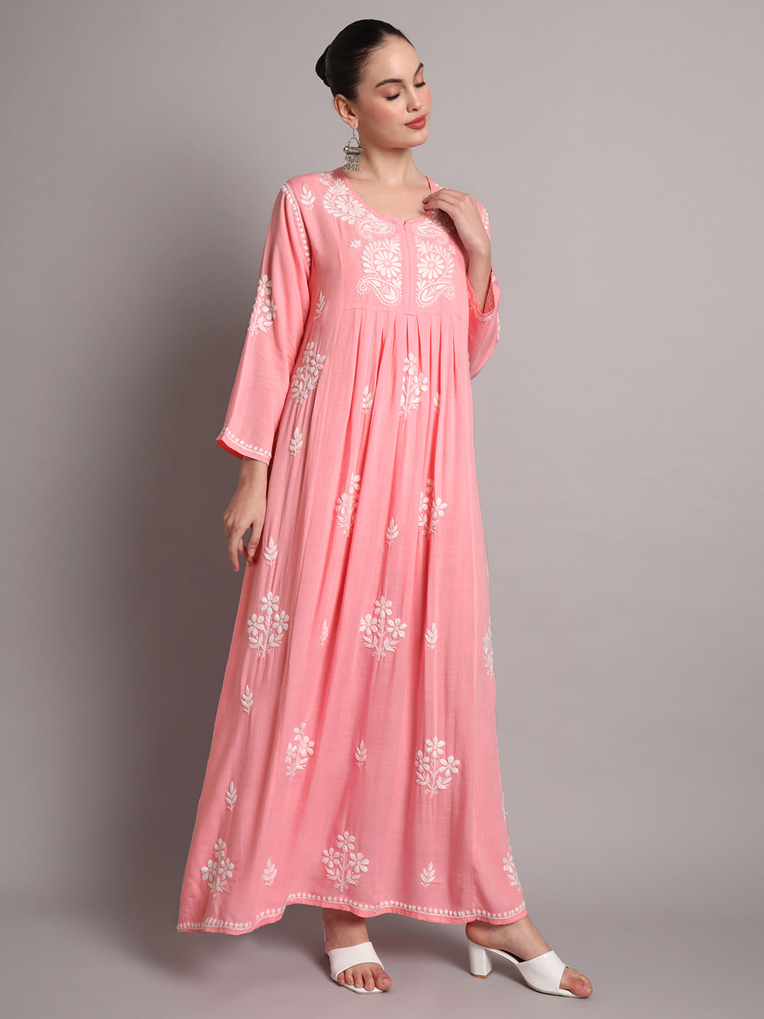Hand Embroidered Chikankari A-Line Gathering Pattern Rayon Jalabiya-AL4012