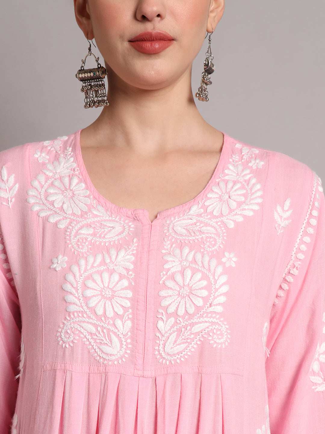 Hand Embroidered Chikankari A-Line Gathering Pattern Rayon Jalabiya-AL4012 Pink