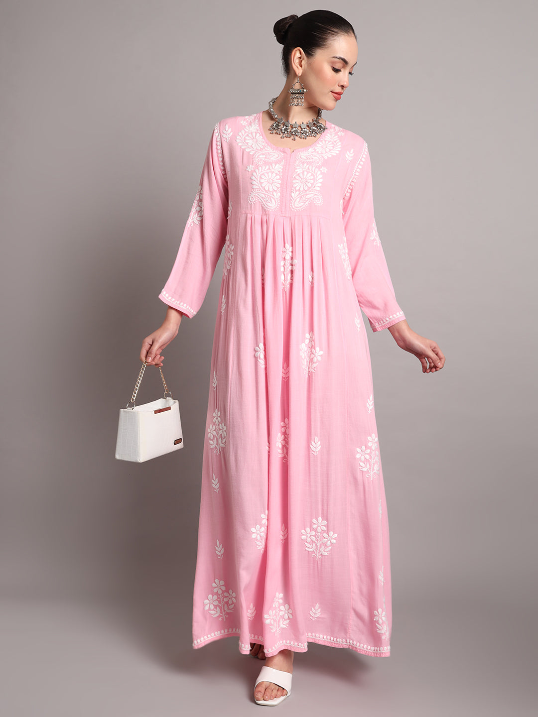 Hand Embroidered Chikankari A-Line Gathering Pattern Rayon Jalabiya-AL4012