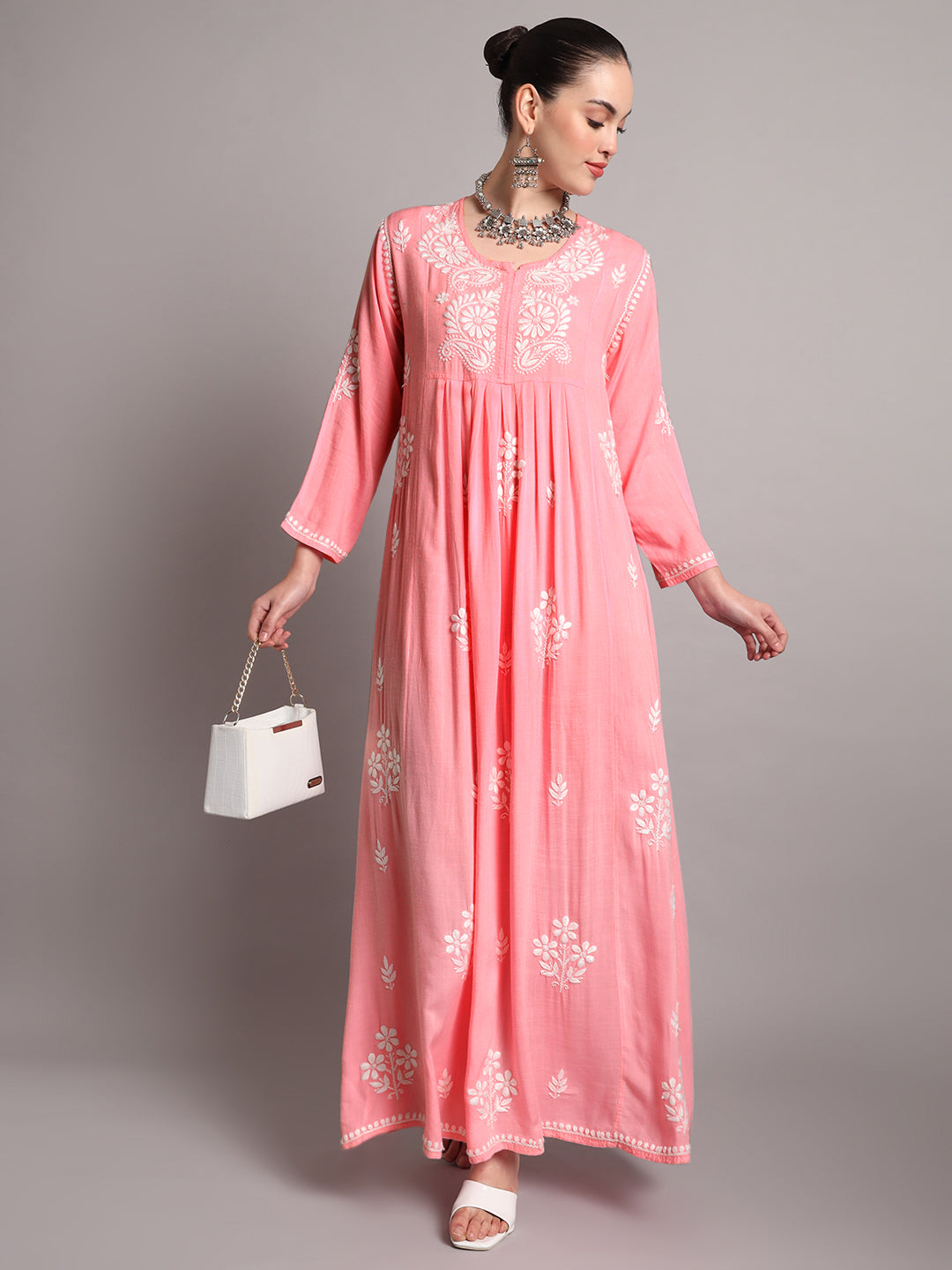 Hand Embroidered Chikankari A-Line Gathering Pattern Rayon Jalabiya-AL4012
