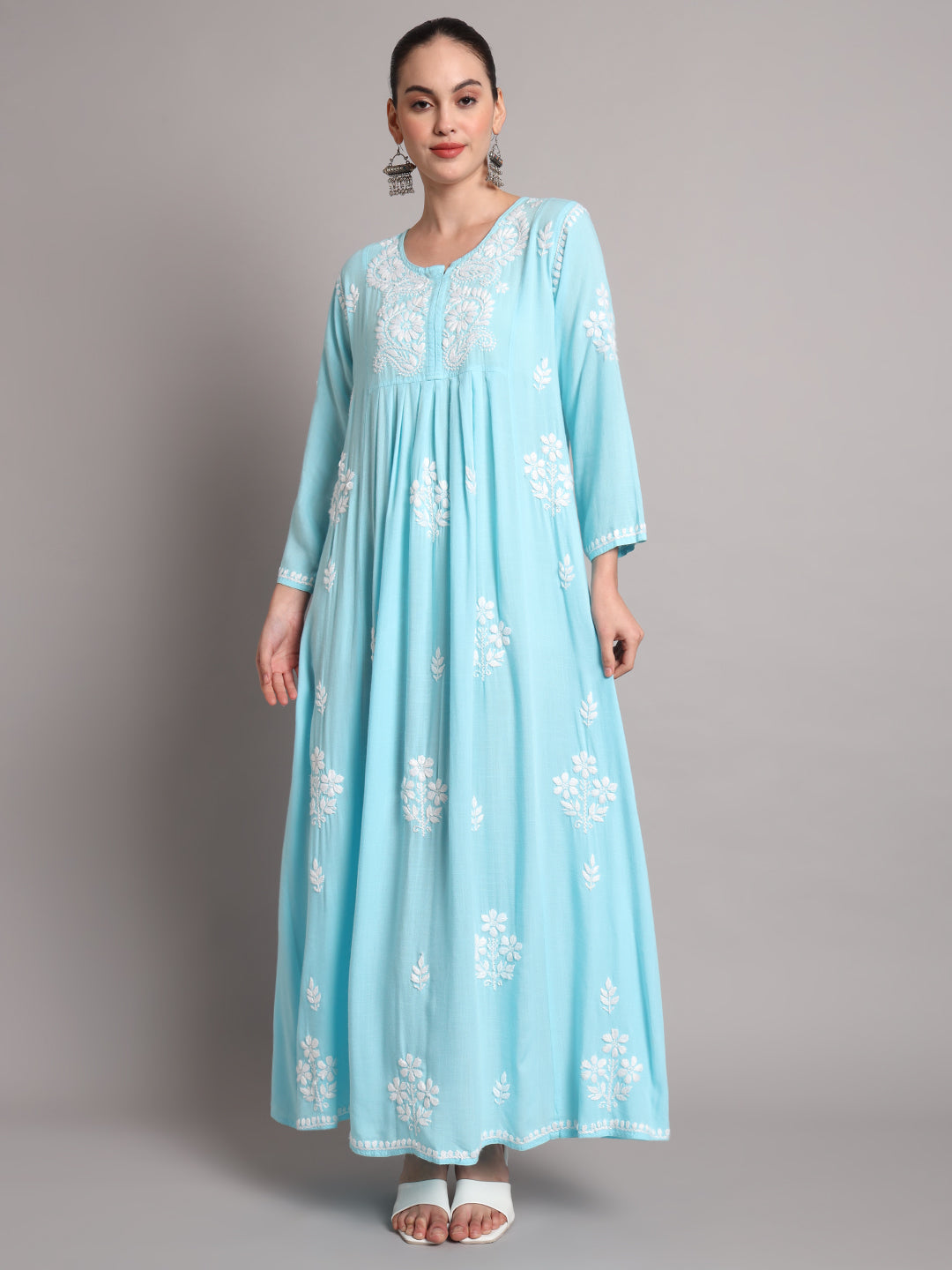 Hand Embroidered Chikankari A-Line Gathering Pattern Rayon Jalabiya-AL4012