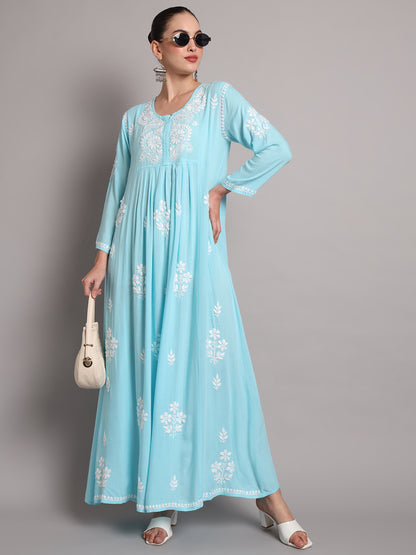 Hand Embroidered Chikankari A-Line Gathering Pattern Rayon Jalabiya-AL4012