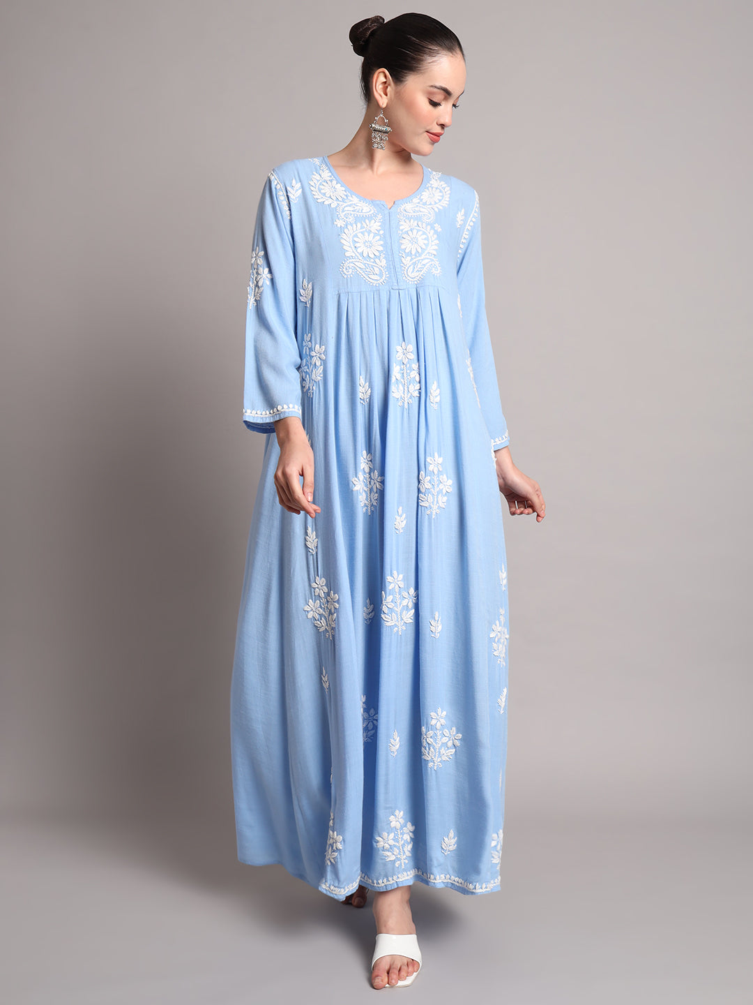 Hand Embroidered Chikankari A-Line Gathering Pattern Rayon Jalabiya-AL4012 Denimblue