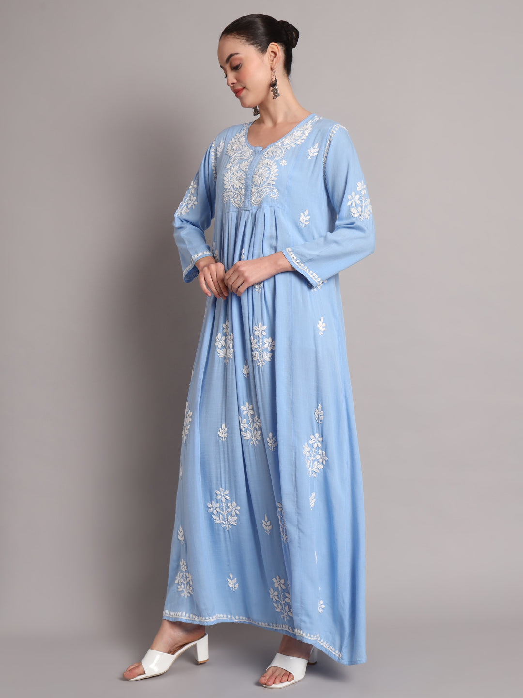 Hand Embroidered Chikankari A-Line Gathering Pattern Rayon Jalabiya-AL4012 Denimblue