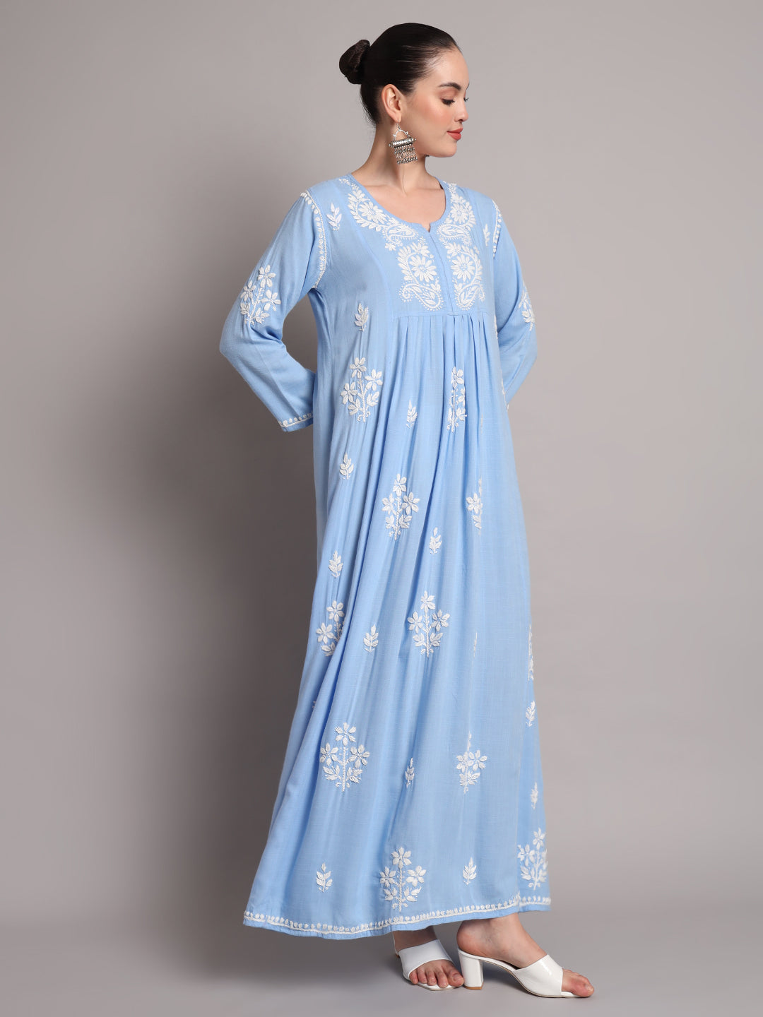 Hand Embroidered Chikankari A-Line Gathering Pattern Rayon Jalabiya-AL4012 Denimblue