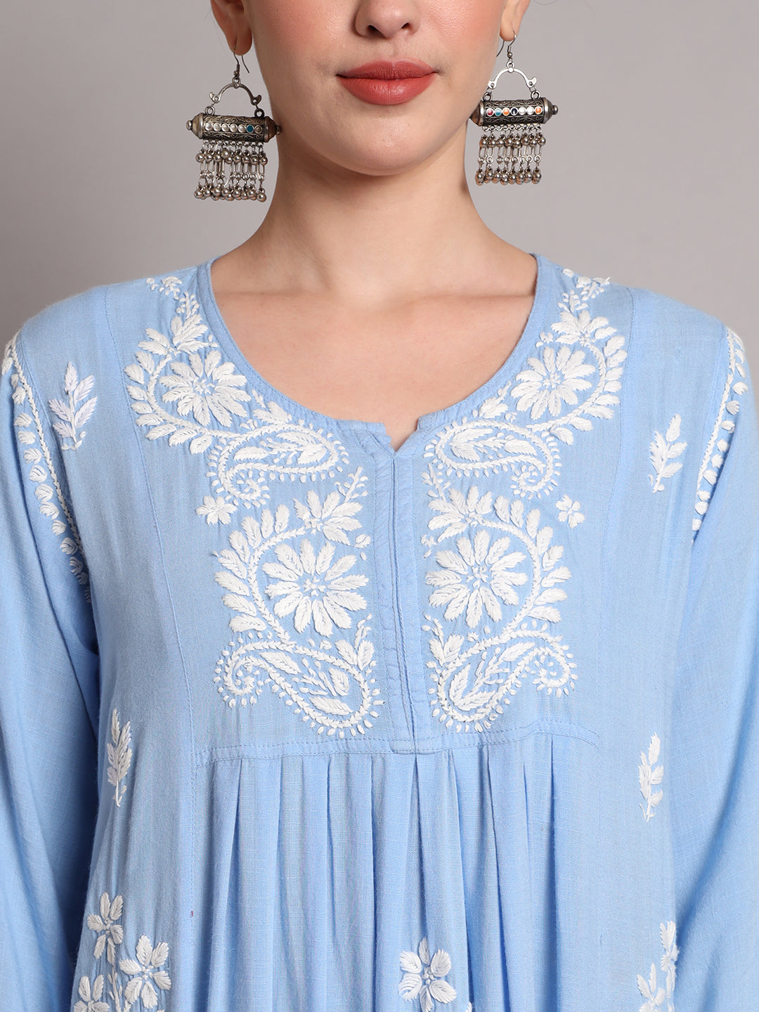 Hand Embroidered Chikankari A-Line Gathering Pattern Rayon Jalabiya-AL4012 Denimblue