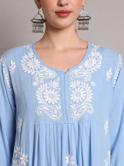 Hand Embroidered Chikankari A-Line Gathering Pattern Rayon Jalabiya-AL4012