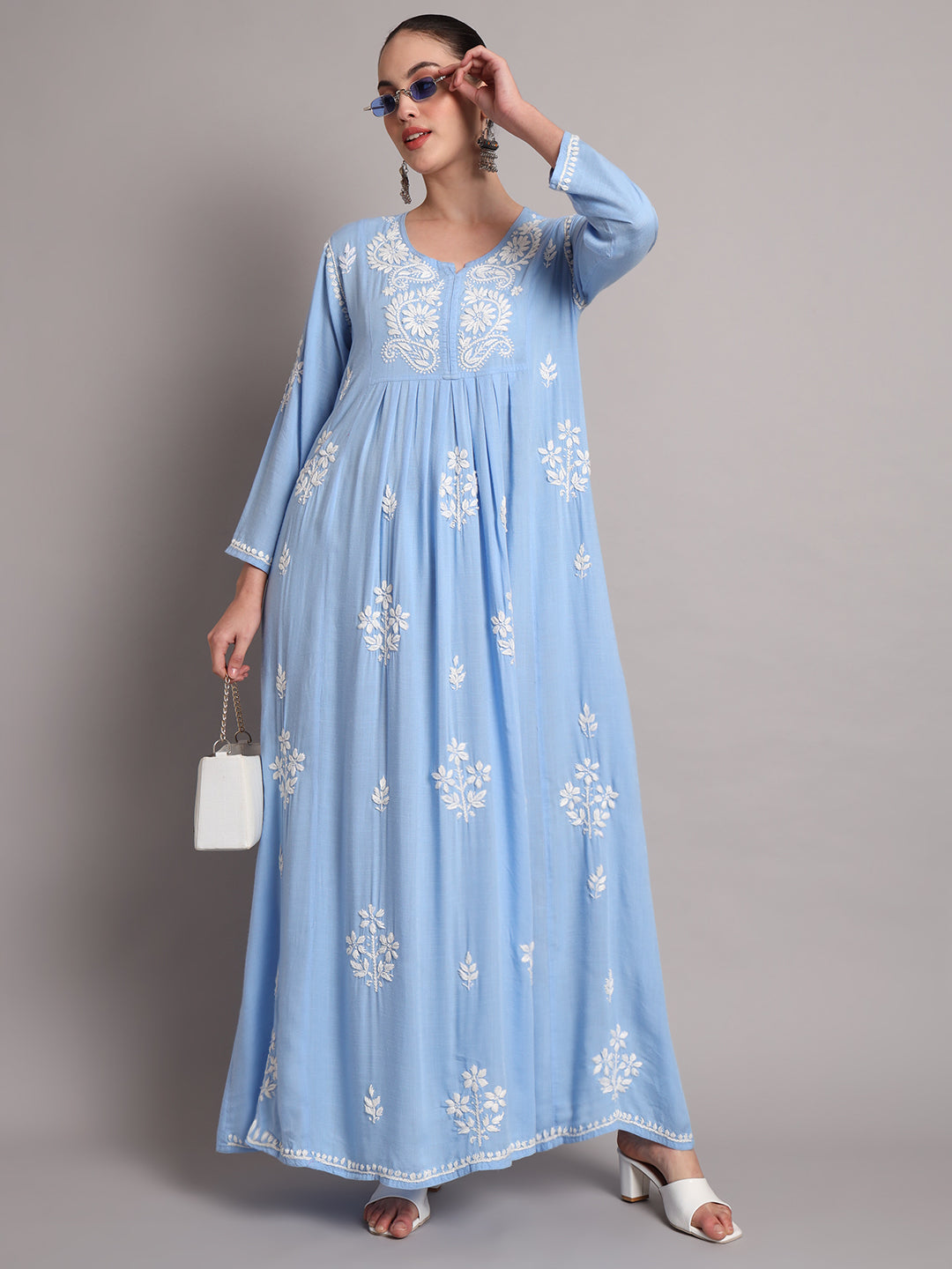 Hand Embroidered Chikankari A-Line Gathering Pattern Rayon Jalabiya-AL4012 Denimblue