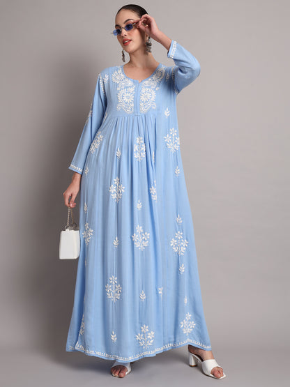 Hand Embroidered Chikankari A-Line Gathering Pattern Rayon Jalabiya-AL4012