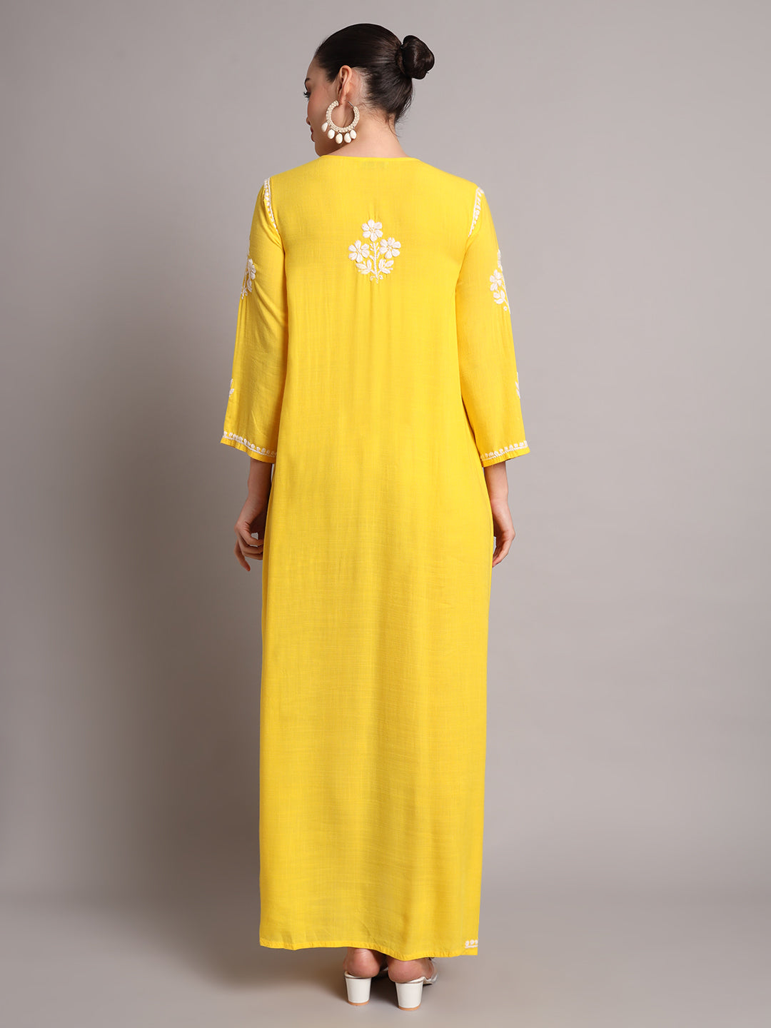 Hand Embroidered Chikankari A-Line Gathering Pattern Rayon Jalabiya-AL4012 Yellow