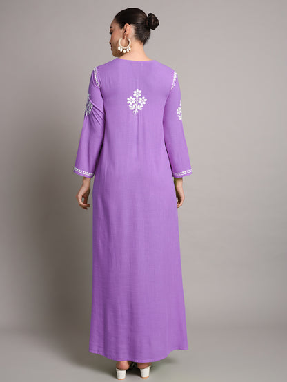 Hand Embroidered Chikankari A-Line Gathering Pattern Rayon Jalabiya-AL4012