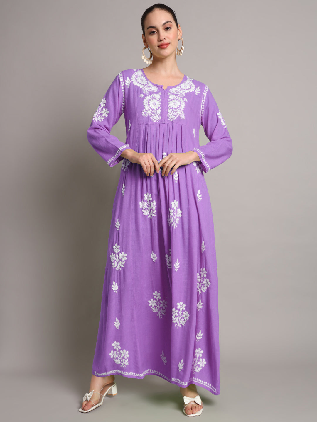 Hand Embroidered Chikankari A-Line Gathering Pattern Rayon Jalabiya-AL4012