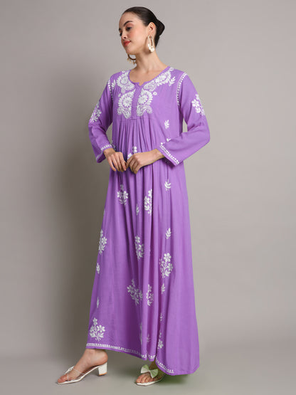 Hand Embroidered Chikankari A-Line Gathering Pattern Rayon Jalabiya-AL4012