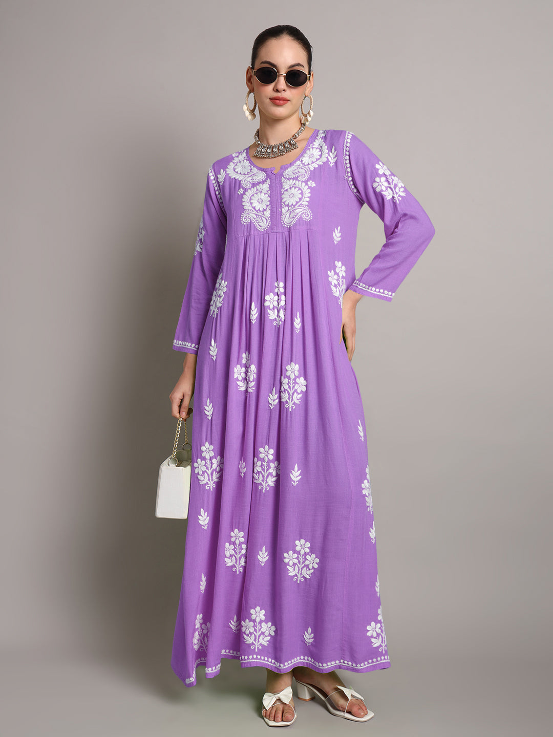 Hand Embroidered Chikankari A-Line Gathering Pattern Rayon Jalabiya-AL4012 Purple