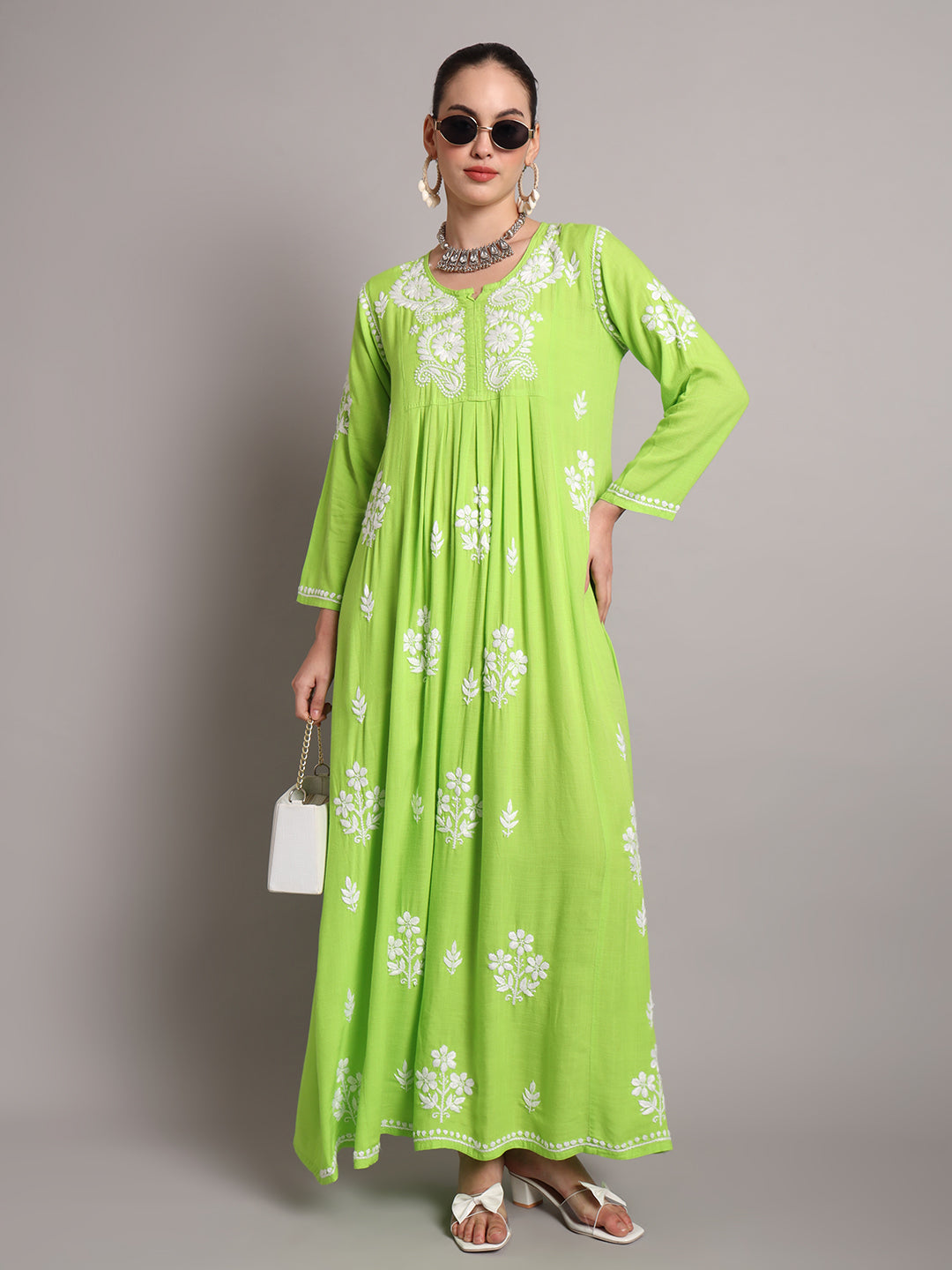 Hand Embroidered Chikankari A-Line Gathering Pattern Rayon Jalabiya-AL4012