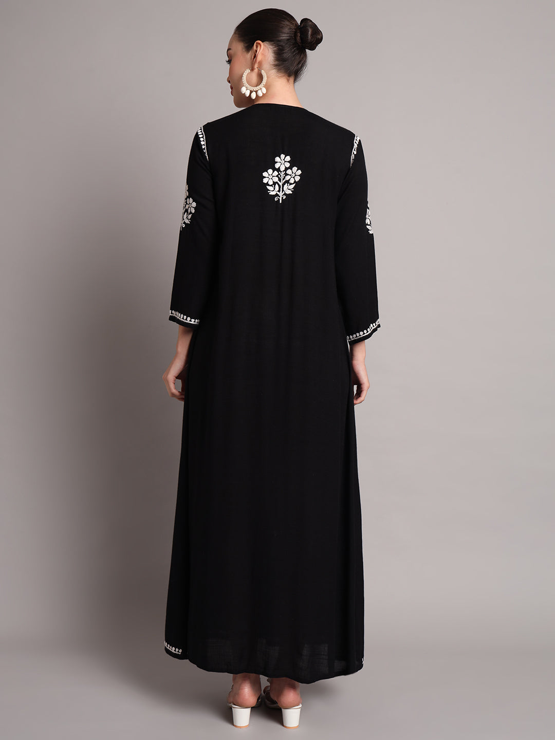 Hand Embroidered Chikankari A-Line Gathering Pattern Rayon Jalabiya-AL4012 Black