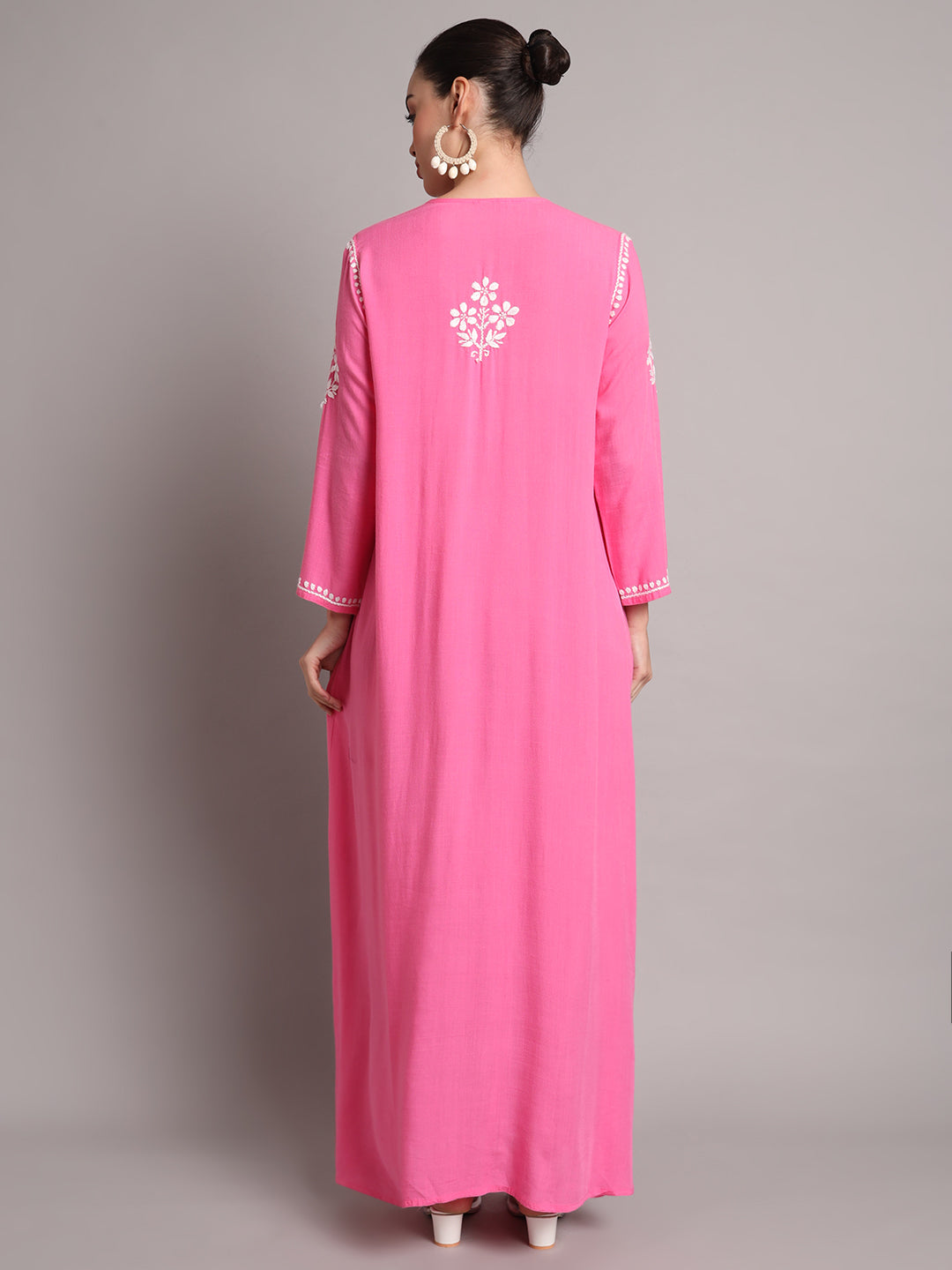 Hand Embroidered Chikankari A-Line Gathering Pattern Rayon Jalabiya-AL4012 Hotpink