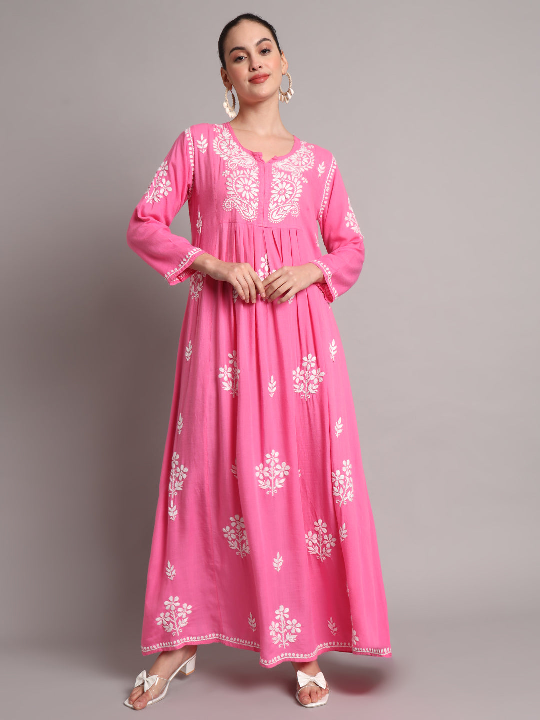 Hand Embroidered Chikankari A-Line Gathering Pattern Rayon Jalabiya-AL4012