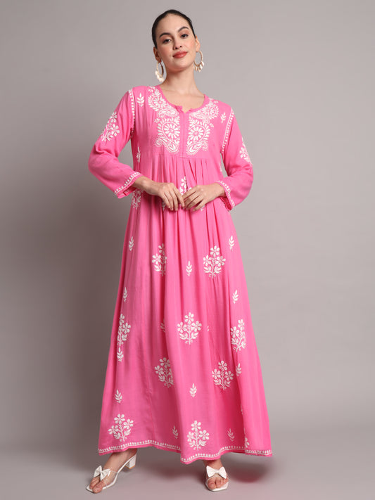Hand Embroidered Chikankari A-Line Gathering Pattern Rayon Jalabiya-AL4012