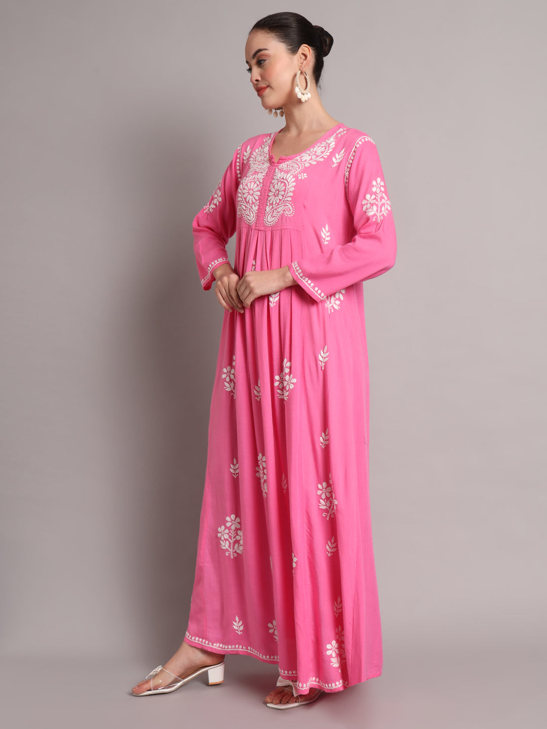 Hand Embroidered Chikankari A-Line Gathering Pattern Rayon Jalabiya-AL4012 Hotpink