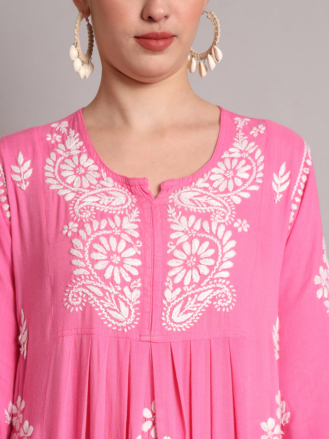 Hand Embroidered Chikankari A-Line Gathering Pattern Rayon Jalabiya-AL4012 Hotpink