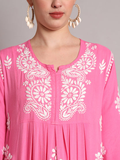 Hand Embroidered Chikankari A-Line Gathering Pattern Rayon Jalabiya-AL4012