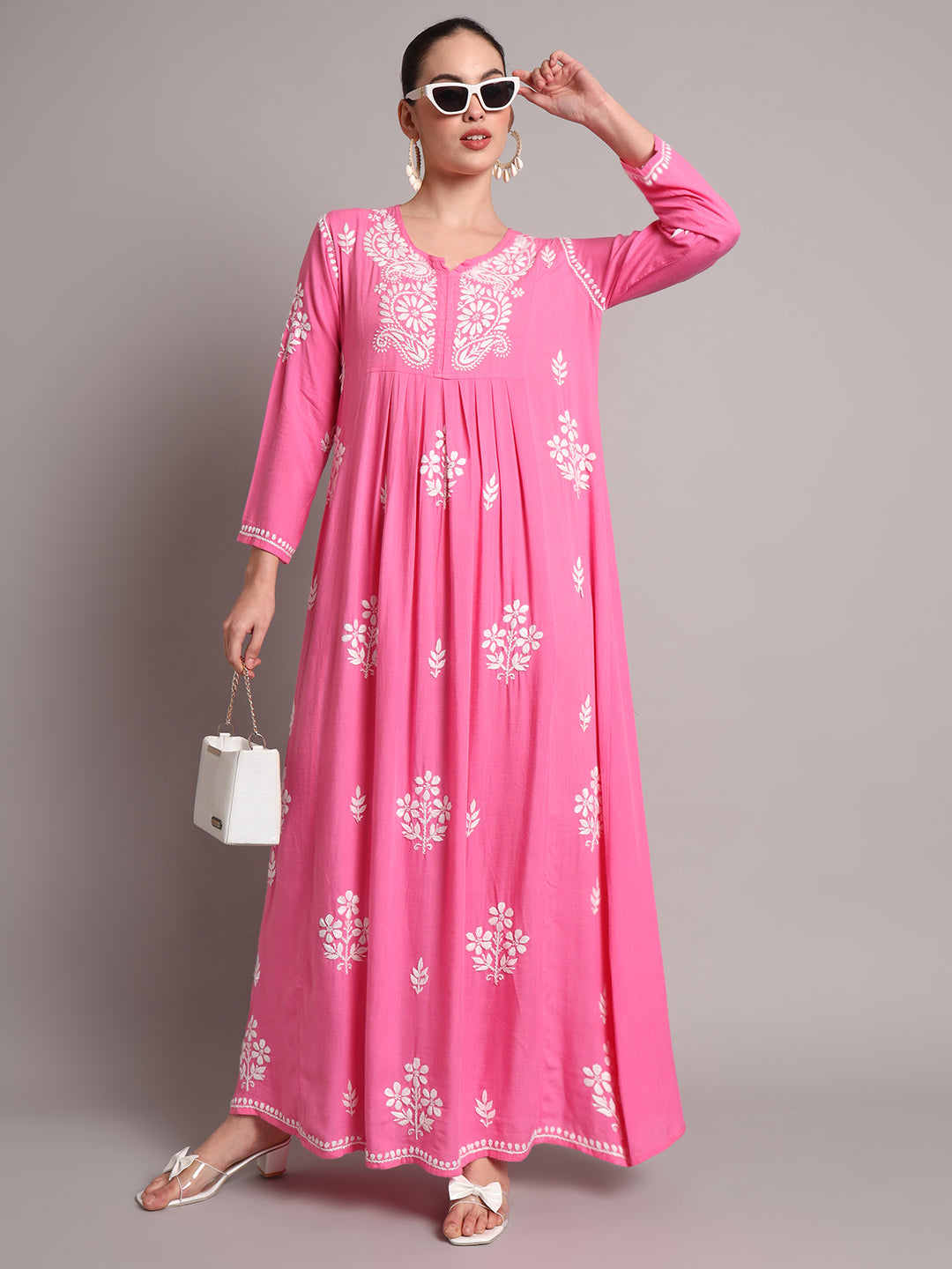 Hand Embroidered Chikankari A-Line Gathering Pattern Rayon Jalabiya-AL4012