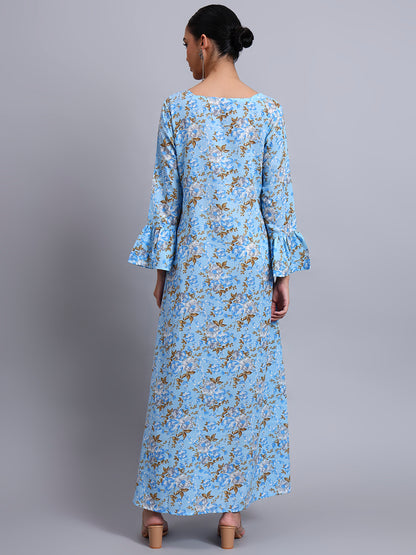 Women Green Floral Printed Cotton Jalabiya with Flared Sleeves & Round Neckline-AL4045 Denimblue