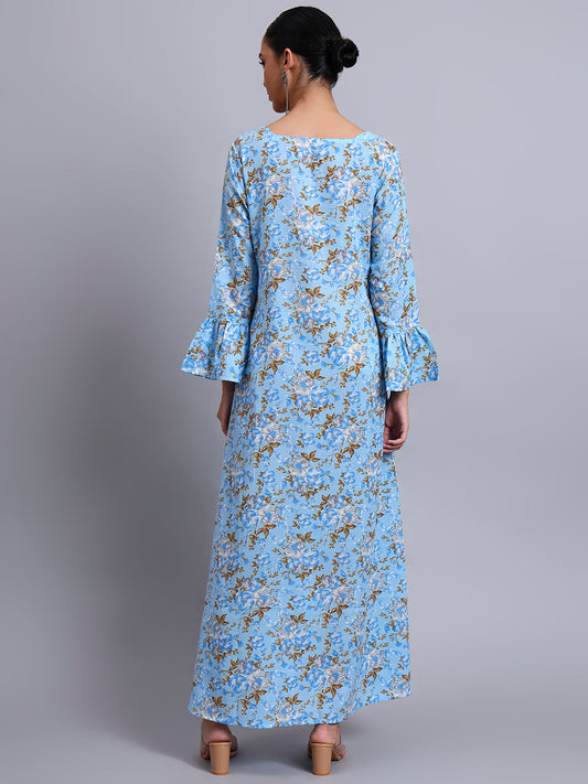 Women Green Floral Printed Cotton Jalabiya with Flared Sleeves & Round Neckline-AL4045 Denimblue