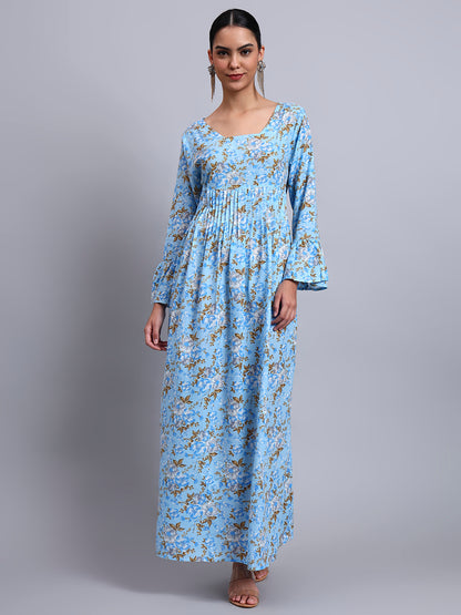 Women Green Floral Printed Cotton Jalabiya with Flared Sleeves & Round Neckline-AL4045 Denimblue