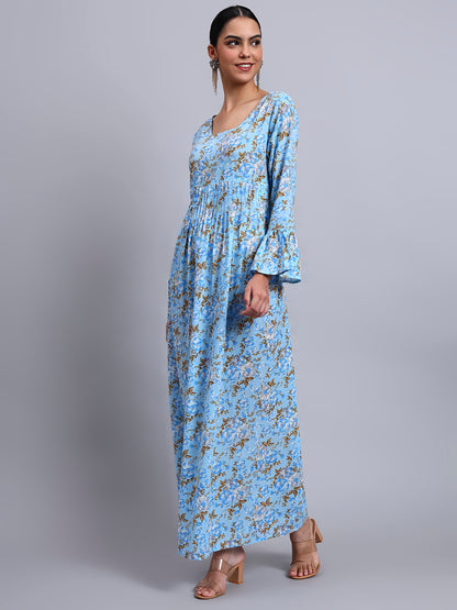 Women Green Floral Printed Cotton Jalabiya with Flared Sleeves & Round Neckline-AL4045 Denimblue