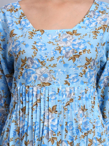 Women Green Floral Printed Cotton Jalabiya with Flared Sleeves & Round Neckline-AL4045 Denimblue