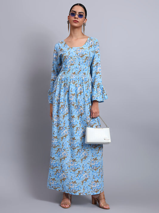Women Green Floral Printed Cotton Jalabiya with Flared Sleeves & Round Neckline-AL4045 Denimblue