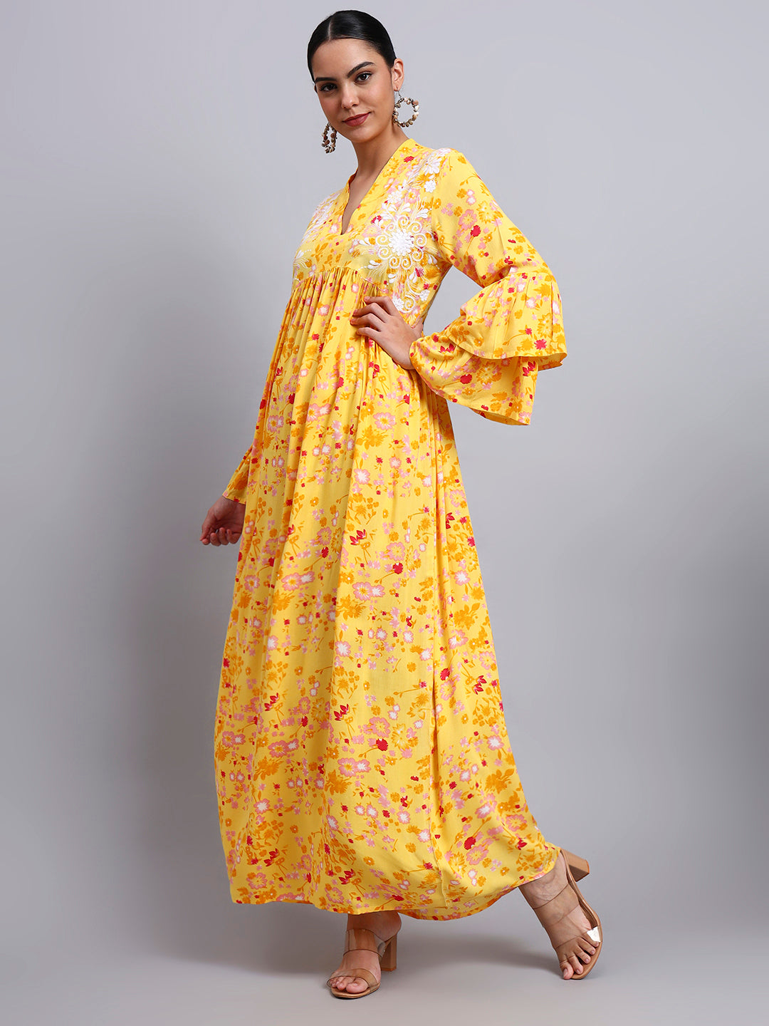Women Embroided Floral Printed Rayon Jalabiya-AL4098B Yellow