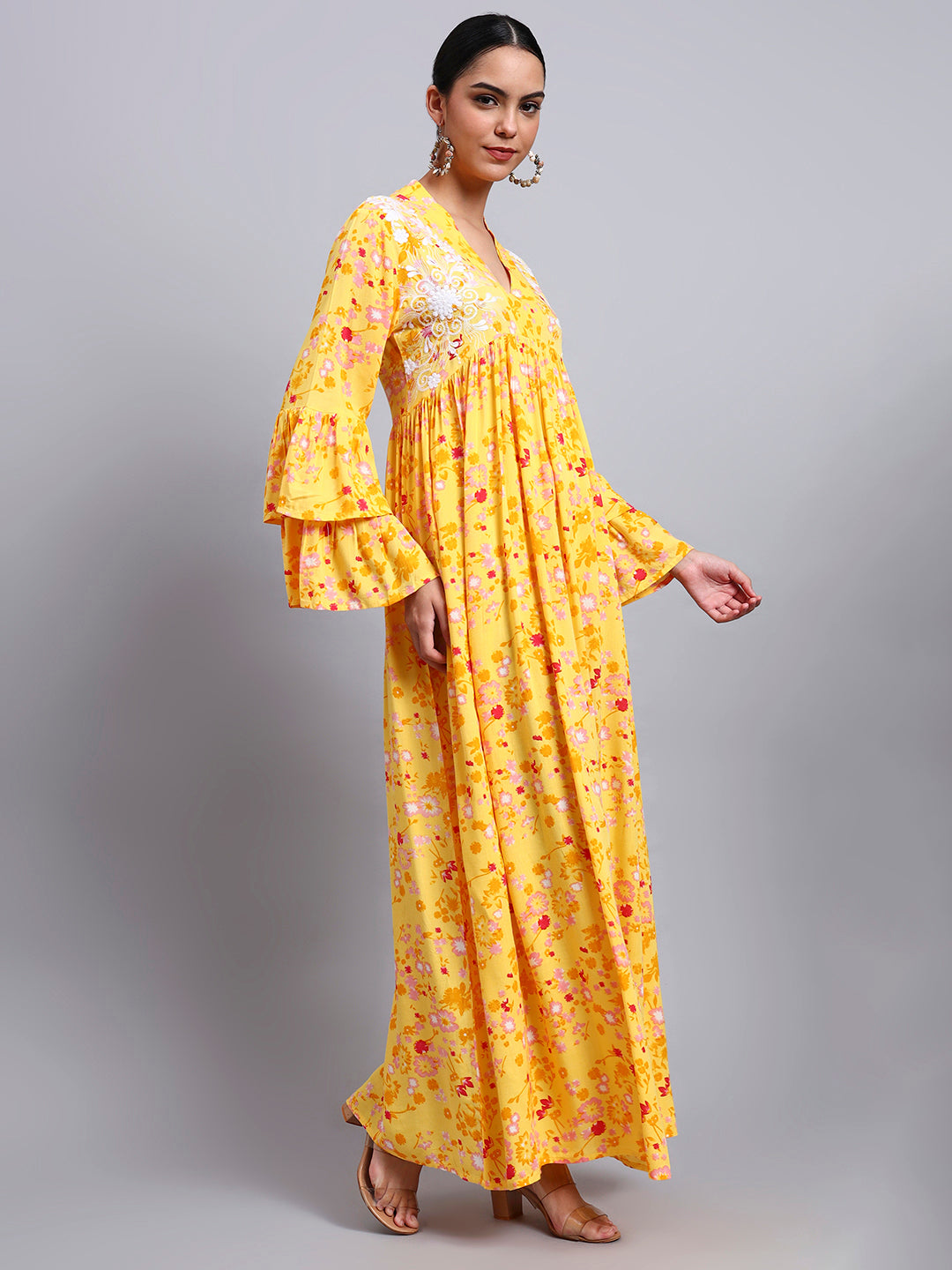 Women Embroided Floral Printed Rayon Jalabiya-AL4098B Yellow