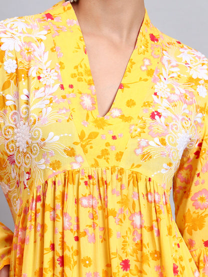 Women Embroided Floral Printed Rayon Jalabiya-AL4098B Yellow
