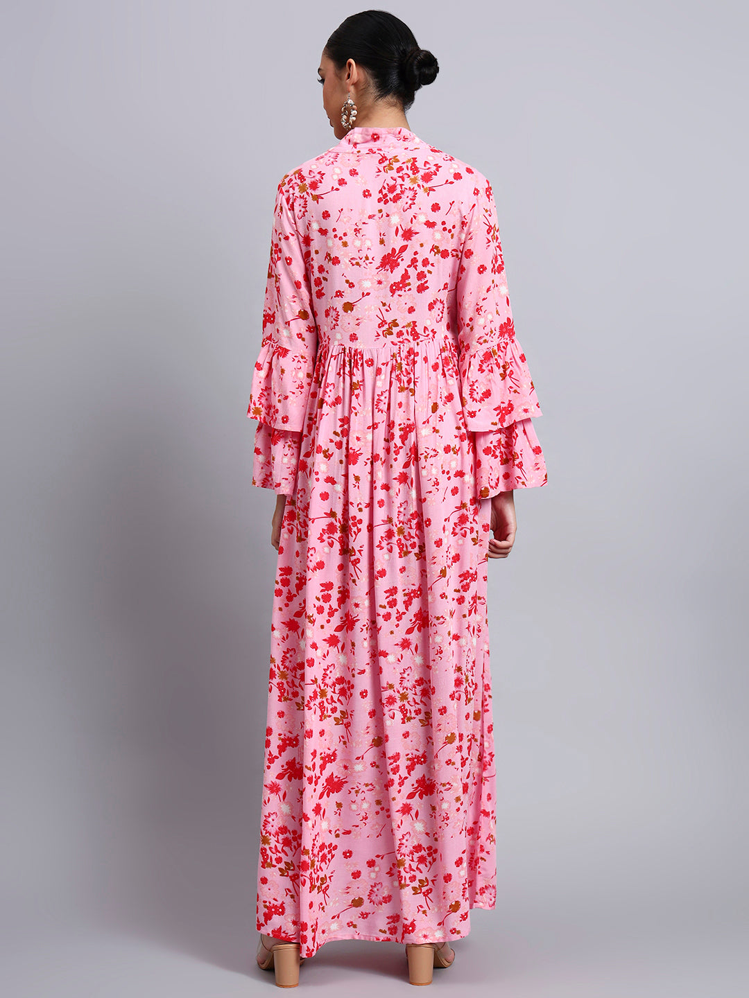 Women Embroided Floral Printed Rayon Jalabiya-AL4098B Pink
