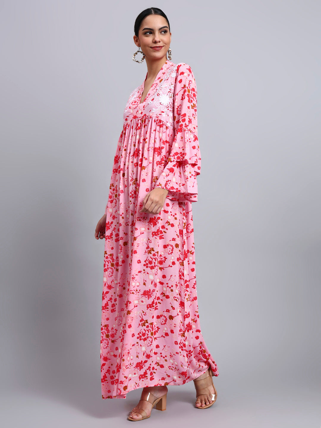 Women Embroided Floral Printed Rayon Jalabiya-AL4098B Pink